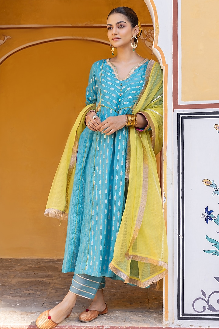 Turquoise Silk Blend Zari Embroidered A-Line Kurta Set by Myaara at Pernia's Pop Up Shop