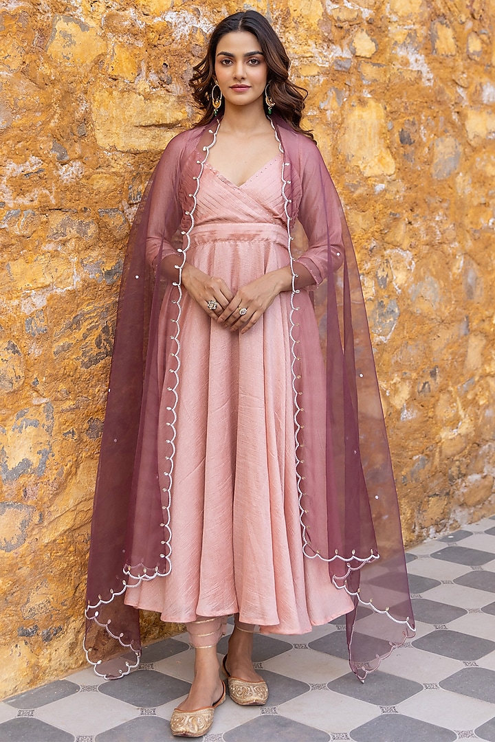 Peach Georgette Pearl Embroidered Anarkali Set by Myaara at Pernia's Pop Up Shop