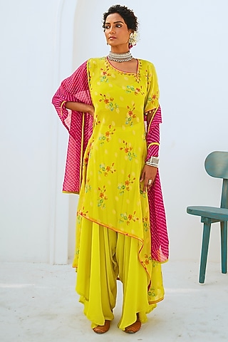 Lime Green Tissue Chanderi Floral Printed & Embroidered Asymmetric Kurta Set by Myaara
