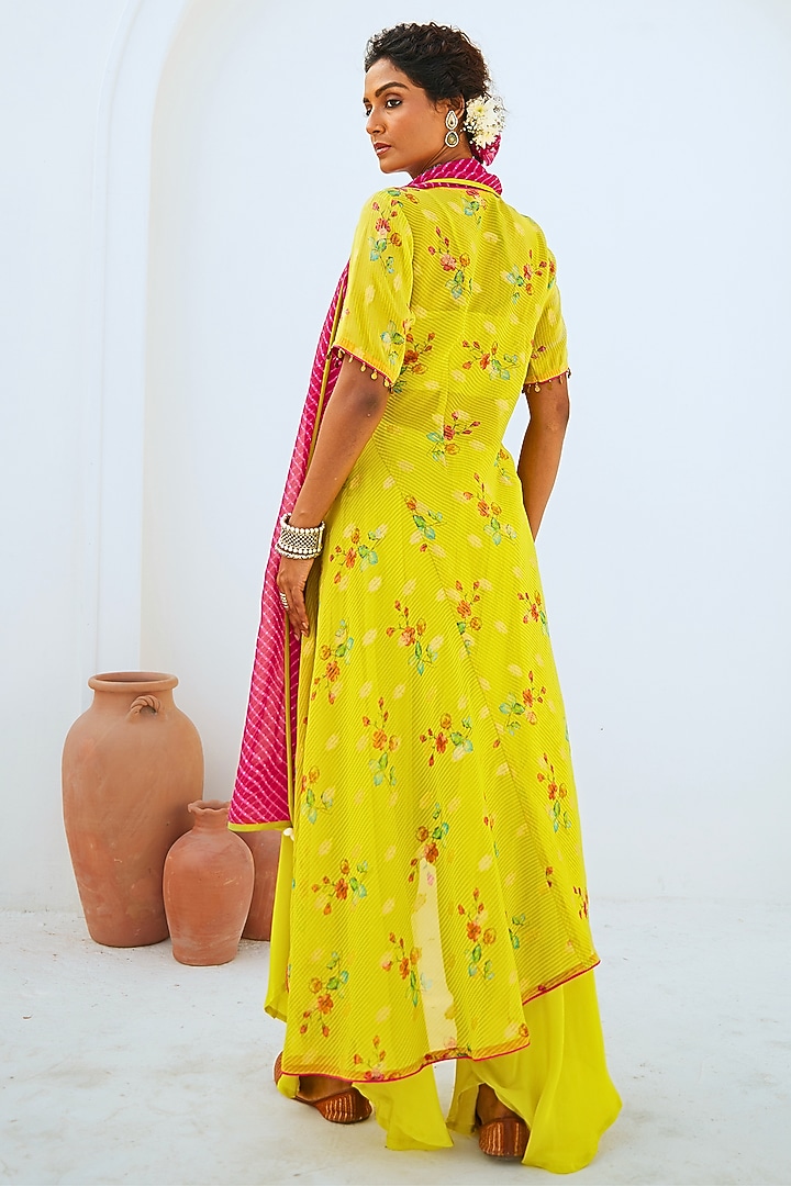 Lime Green Tissue Chanderi Floral Printed & Embroidered Asymmetric Kurta Set by Myaara at Pernia's Pop Up Shop