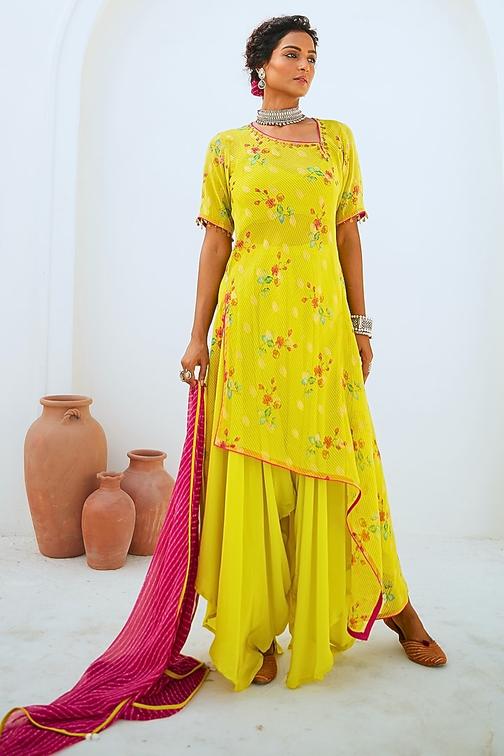 Lime Green Tissue Chanderi Floral Printed & Embroidered Asymmetric Kurta Set by Myaara at Pernia's Pop Up Shop
