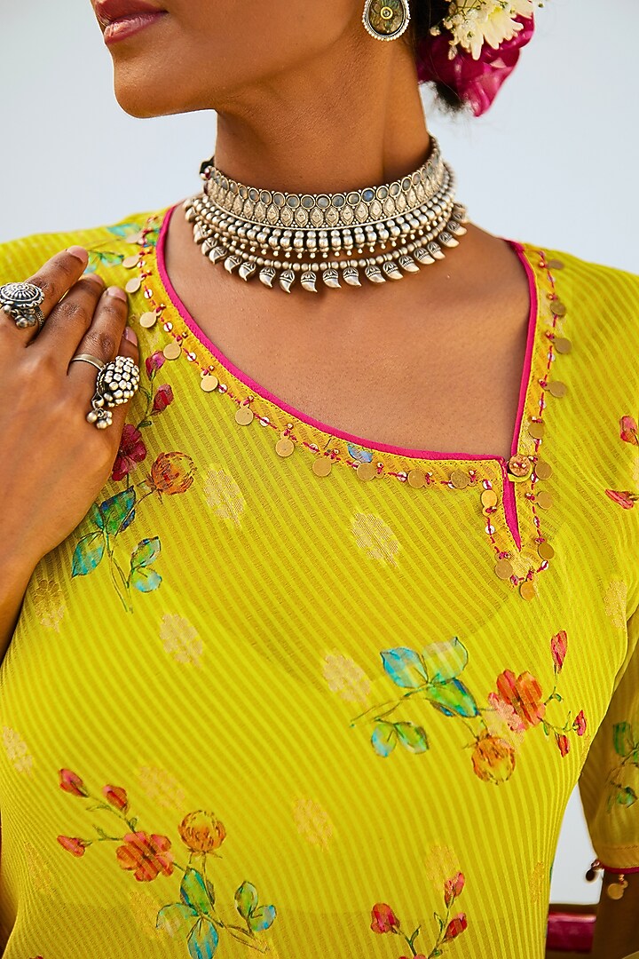 Lime Green Tissue Chanderi Floral Printed & Embroidered Asymmetric Kurta Set by Myaara at Pernia's Pop Up Shop