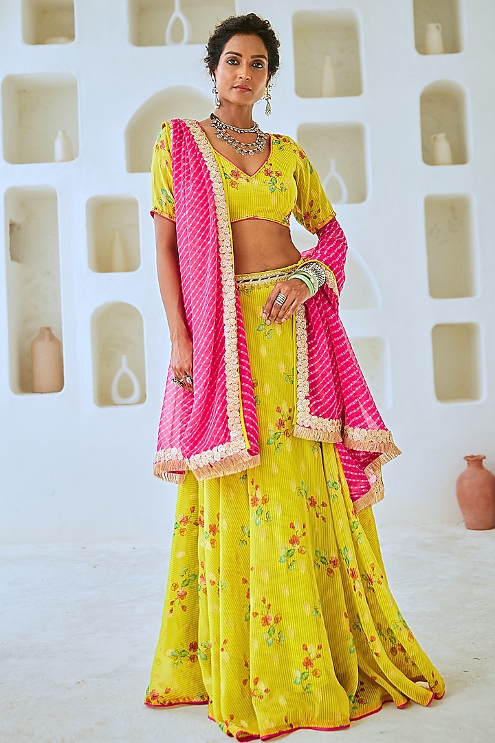 Lime Green Tissue Chanderi Floral Printed & Embroidered Wedding Lehenga Set by Myaara at Pernia's Pop Up Shop