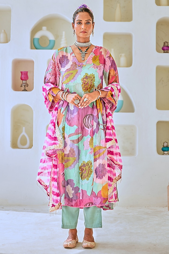 Aqua Blue Tissue Zari Floral Printed & Embroidered Kurta Set by Myaara at Pernia's Pop Up Shop