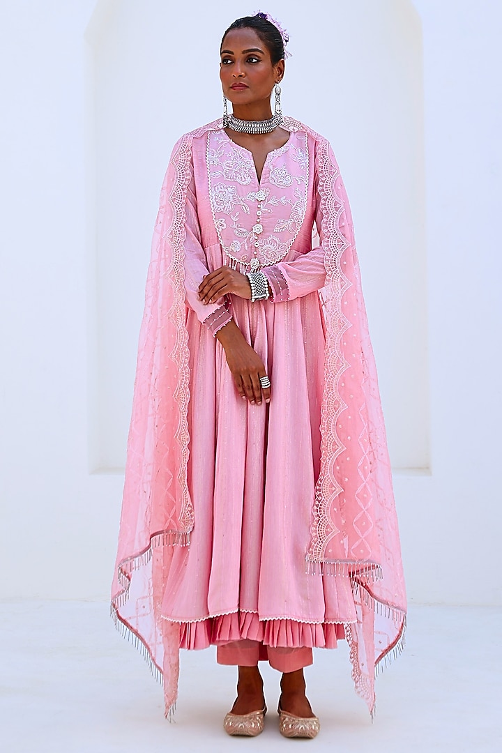 Soft Pink Chanderi Viscose Bead Hand Work Anarkali Set by Myaara at Pernia's Pop Up Shop