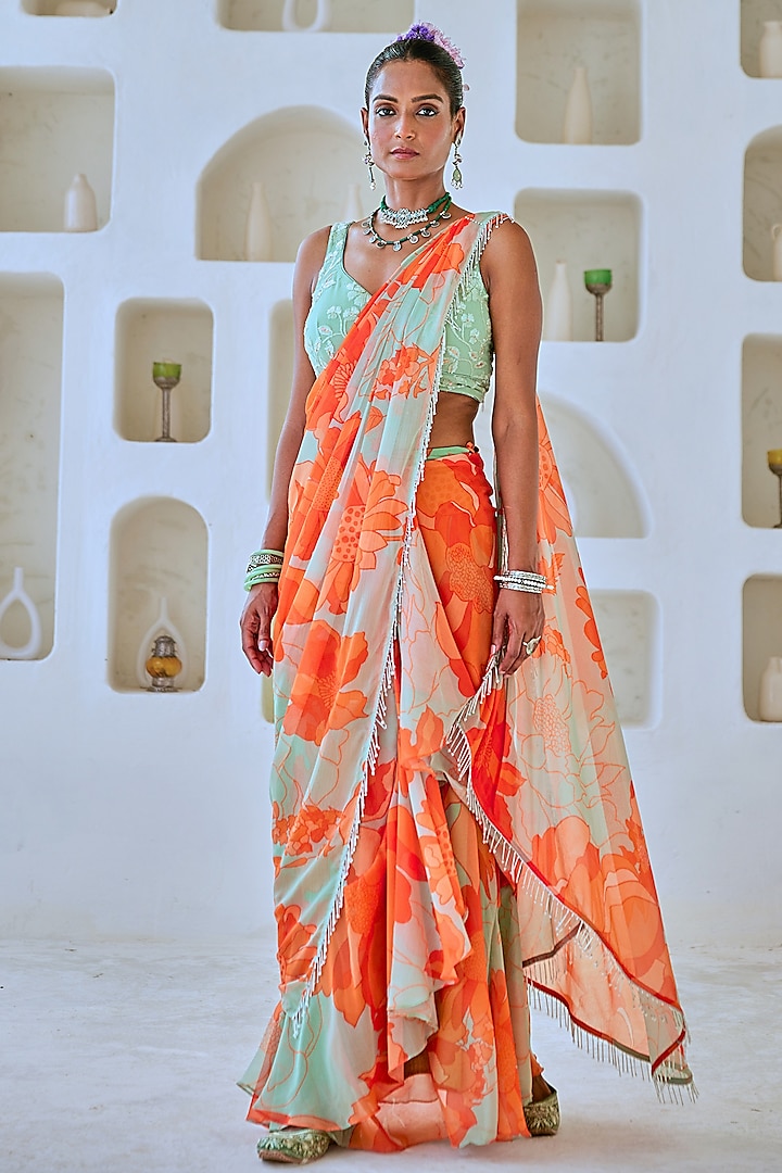 Soft Green & Orange Chiffon Floral Pre-Draped Skirt Saree Set by Myaara at Pernia's Pop Up Shop