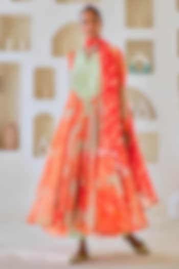 Mint Green & Orange Chiffon Embroidered Flared Anarkali Set by Myaara at Pernia's Pop Up Shop