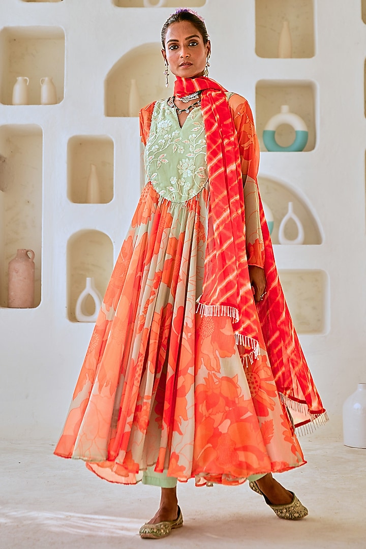 Mint Green & Orange Chiffon Embroidered Flared Anarkali Set by Myaara at Pernia's Pop Up Shop