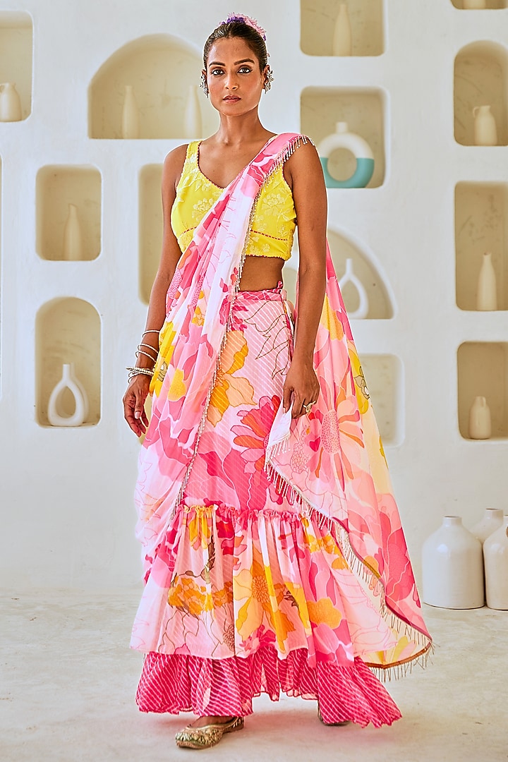 White & Soft Pink Chiffon Floral Pre-Draped Skirt Saree Set by Myaara at Pernia's Pop Up Shop