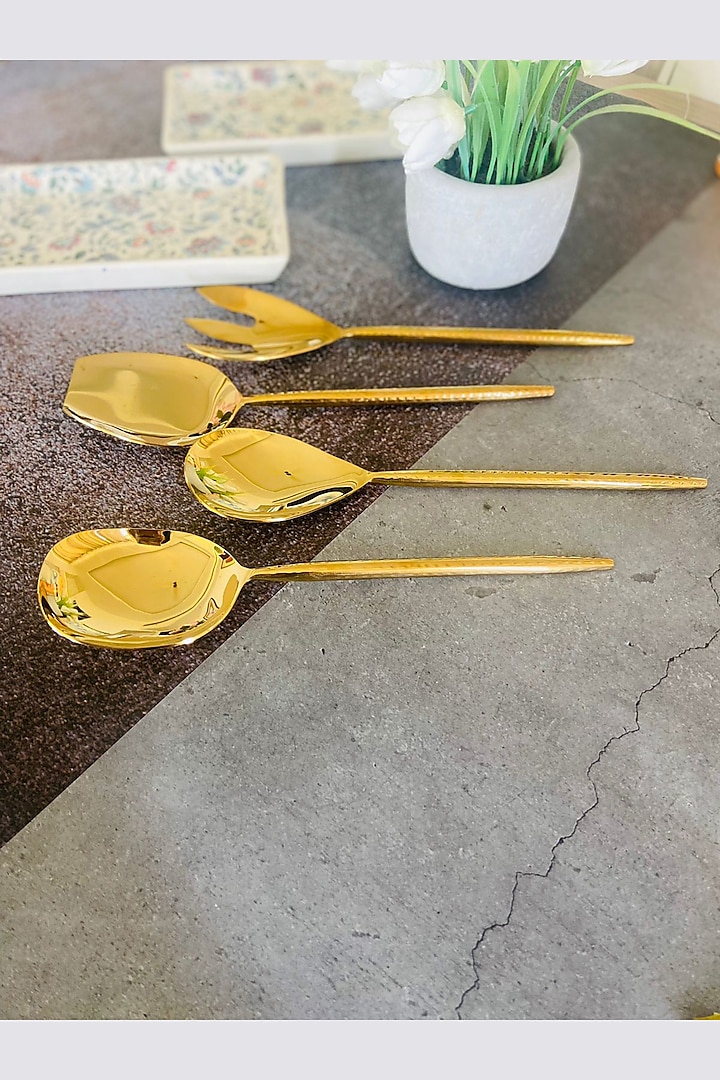 Gold Stainless Steel Hammered Serving Spoons Set by MW- Not Just Home