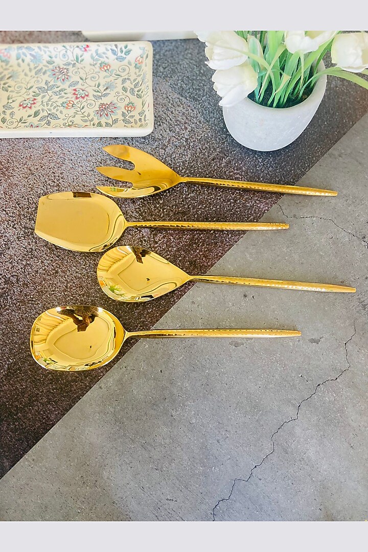 Gold Stainless Steel Hammered Serving Spoons Set by MW- Not Just Home at Pernia's Pop Up Shop