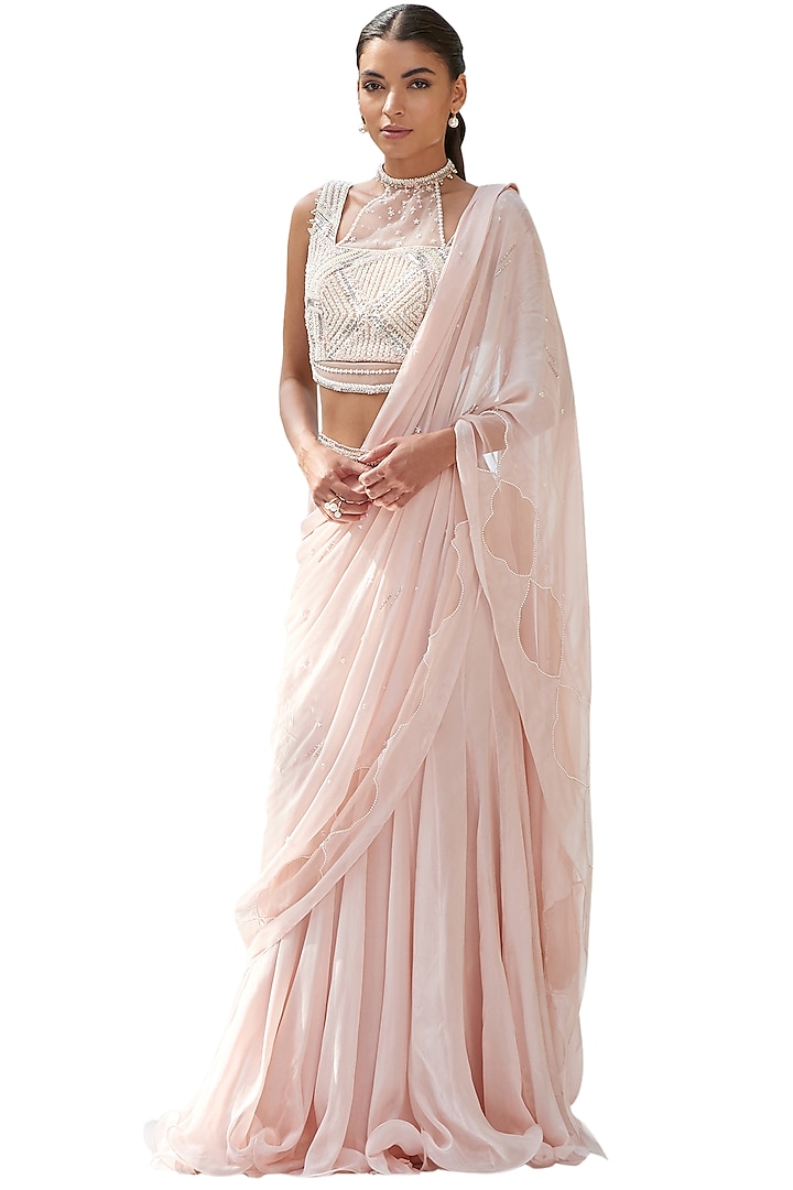 Peach  Embroidered Draped Saree Set by Mandira Wirk