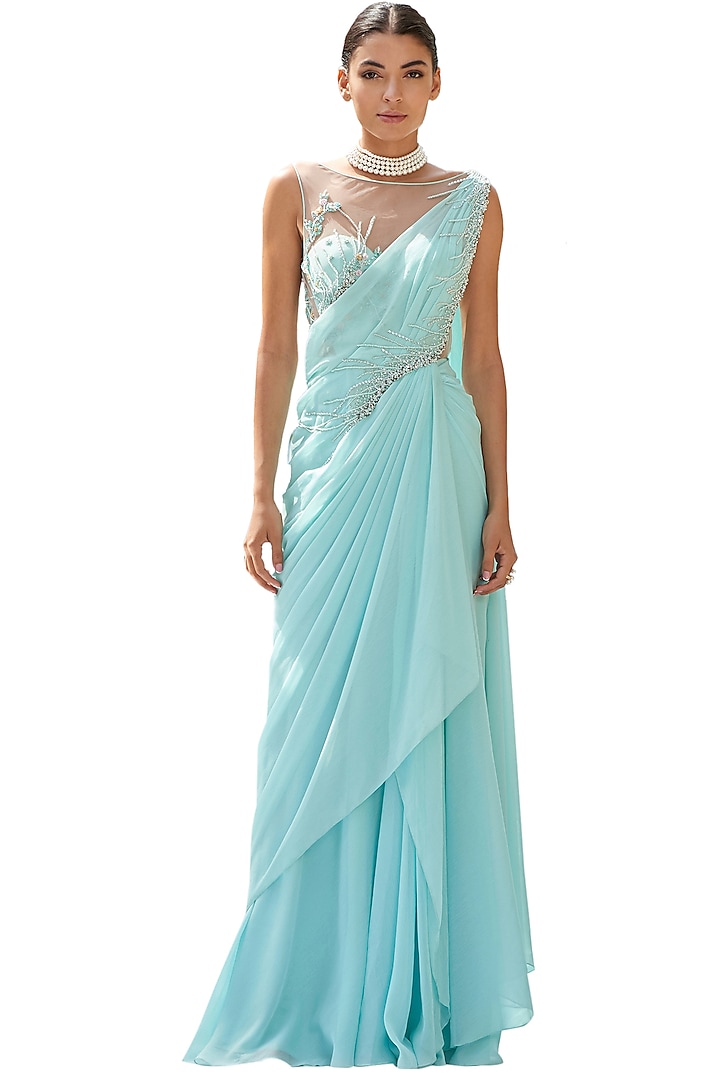 Aqua Blue Embroidered Draped Reception Saree by Mandira Wirk - Indian at Pernia's Pop Up Shop