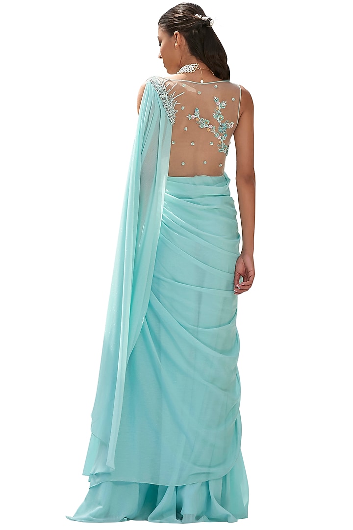 Aqua Blue Embroidered Draped Reception Saree by Mandira Wirk - Indian at Pernia's Pop Up Shop
