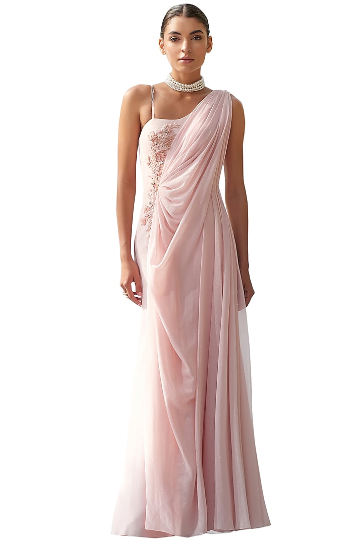 Peach Embroidered Draped Gown by Mandira Wirk