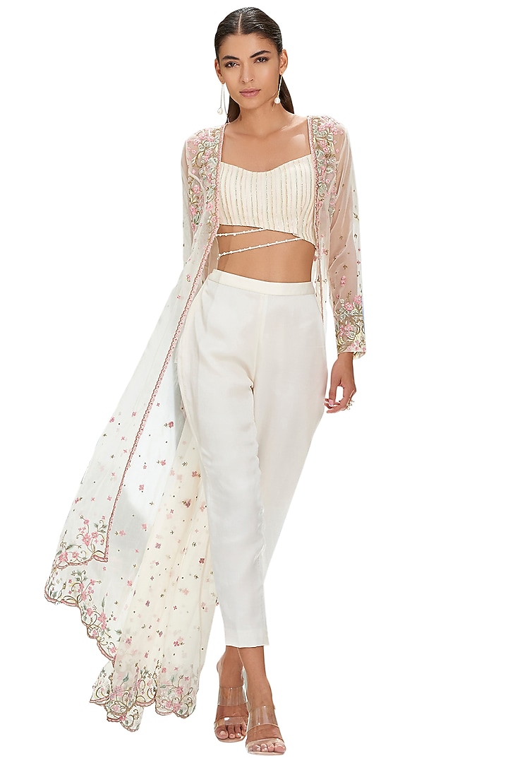 Ivory Embroidered Crop Pant Set by Mandira Wirk - Indian at Pernia's Pop Up Shop