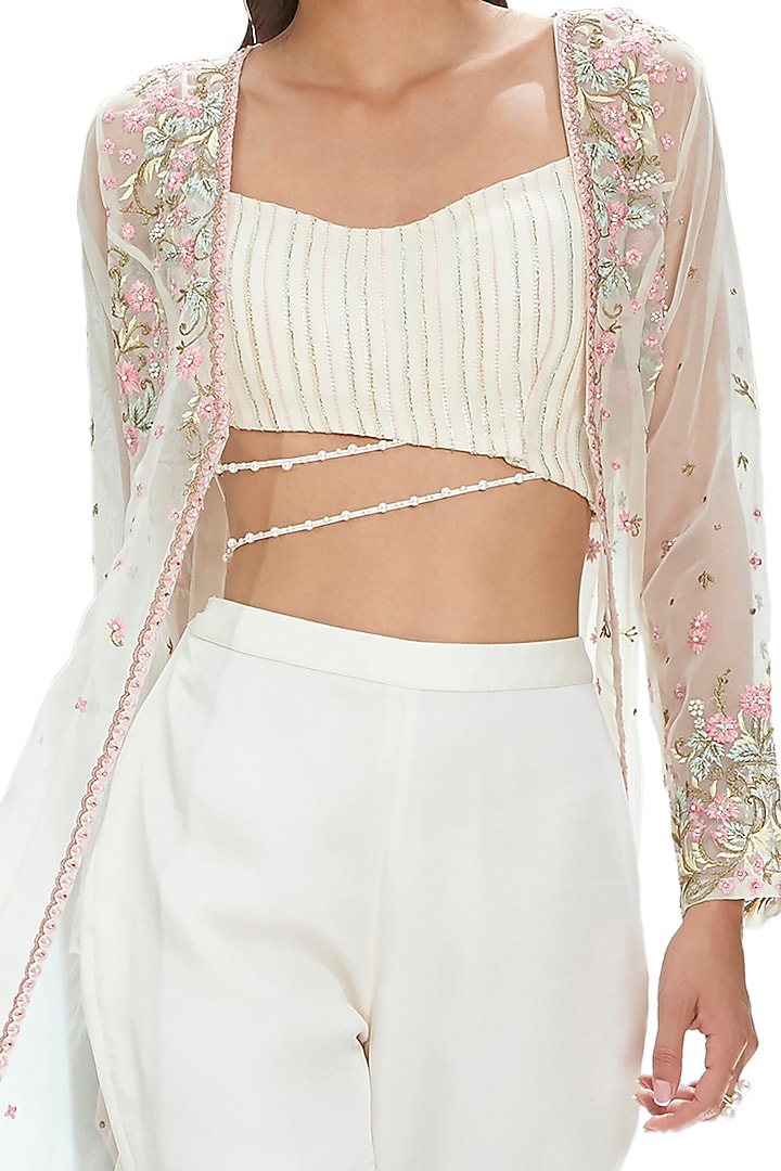 Ivory Embroidered Crop Pant Set by Mandira Wirk - Indian at Pernia's Pop Up Shop