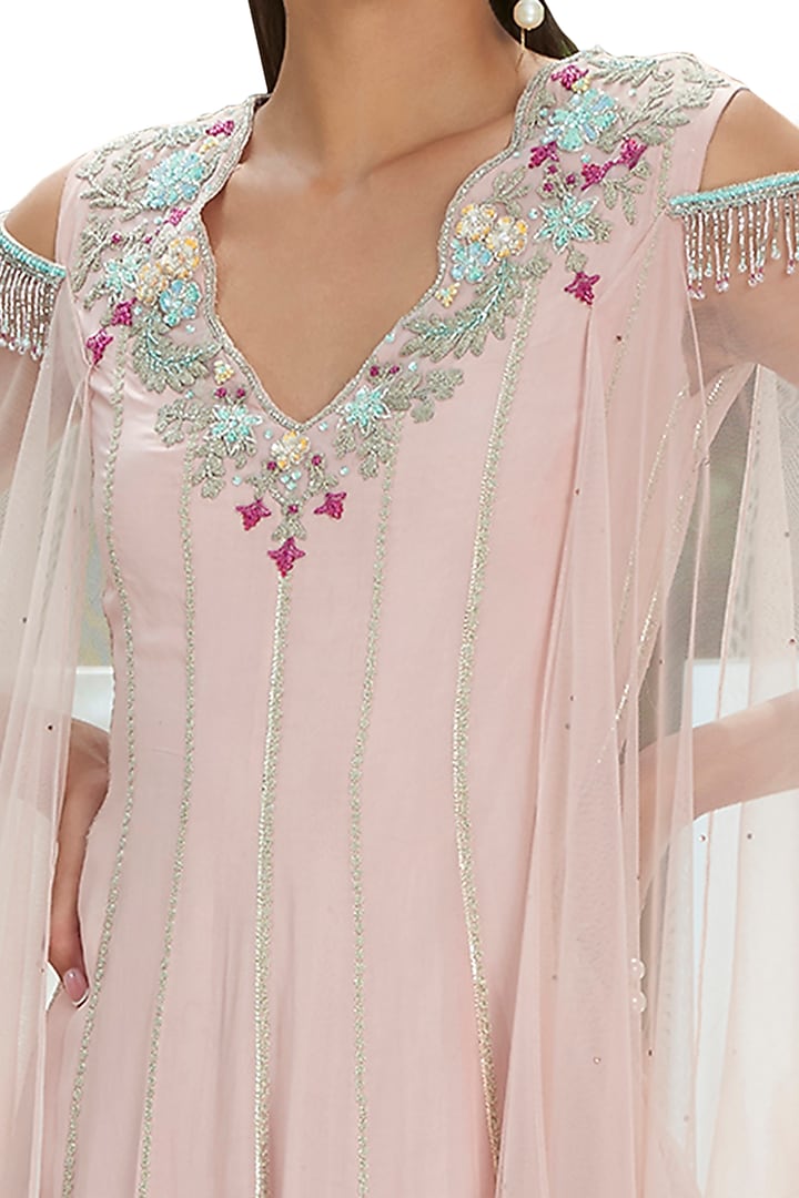 Carnation Pink Embroidered Kalidar Kurta by Mandira Wirk - Indian at Pernia's Pop Up Shop