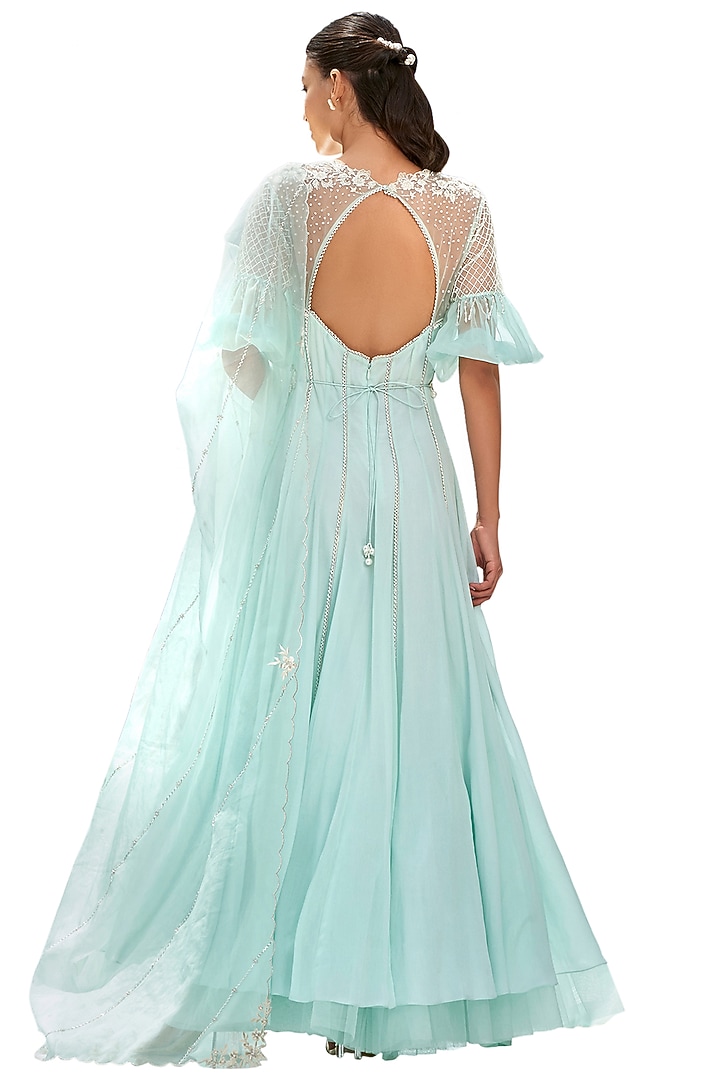 Mint Embroidered Kalidar Kurta Set by Mandira Wirk - Indian at Pernia's Pop Up Shop