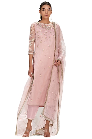 Carnation Pink Embroidered Kurta Set by Mandira Wirk - Indian