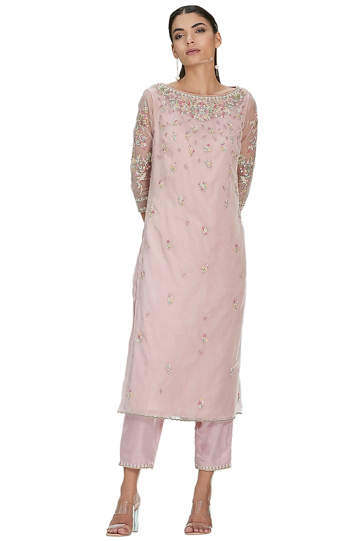 Carnation Pink Embroidered Kurta Set by Mandira Wirk - Indian at Pernia's Pop Up Shop