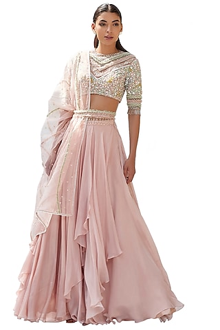 Peach Floral Embroidered Skirt Set by Mandira Wirk - Indian