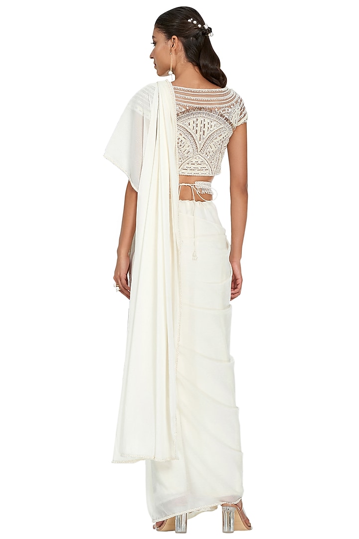 Ivory Embroidered Draped Reception Saree Set by Mandira Wirk - Indian at Pernia's Pop Up Shop