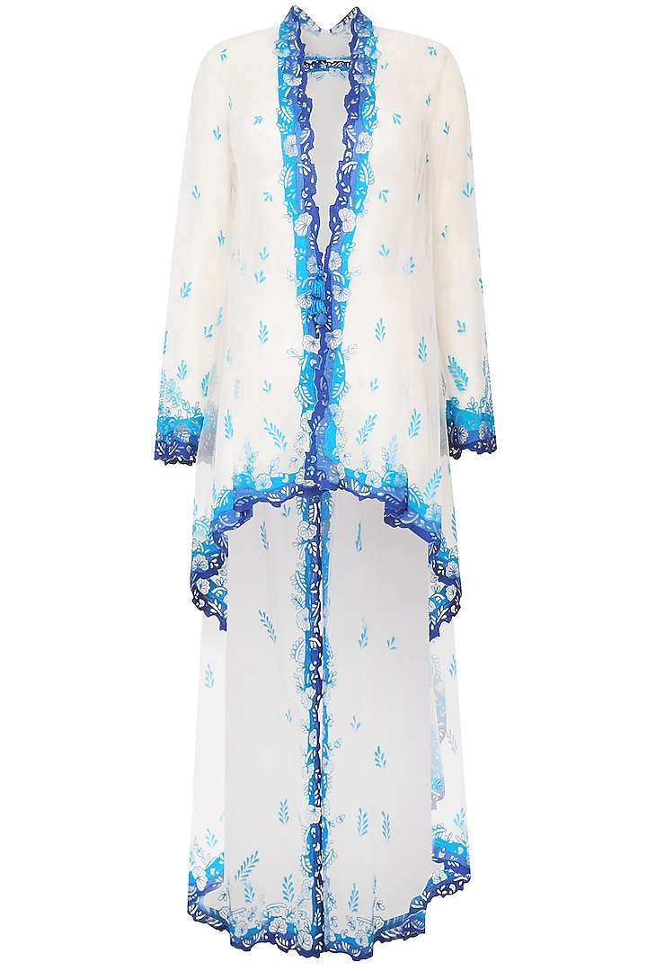 Ivory Floral Embroidered Kurta With Cape Jacket And Palazzo Pants by Mandira Wirk