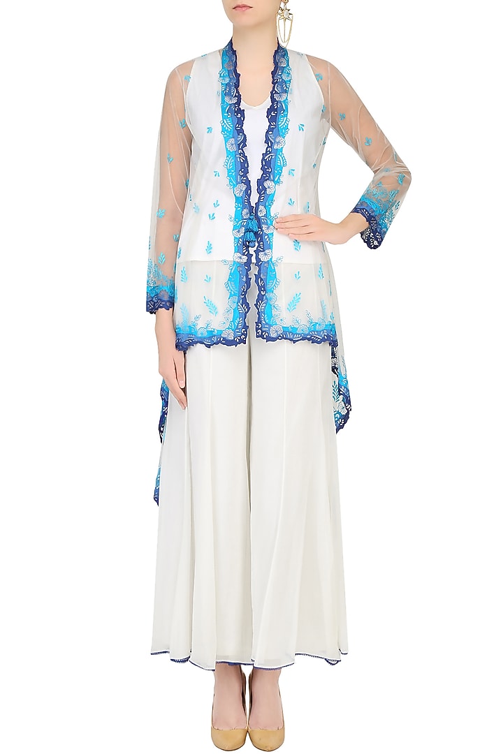 Ivory floral embroidered kurta with cape jacket and palazzo pants available only at Pernia's Pop Up Shop.
