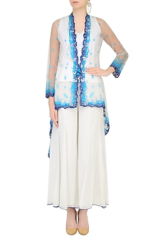 Ivory Floral Embroidered Kurta With Cape Jacket And Palazzo Pants by Mandira Wirk - Indian