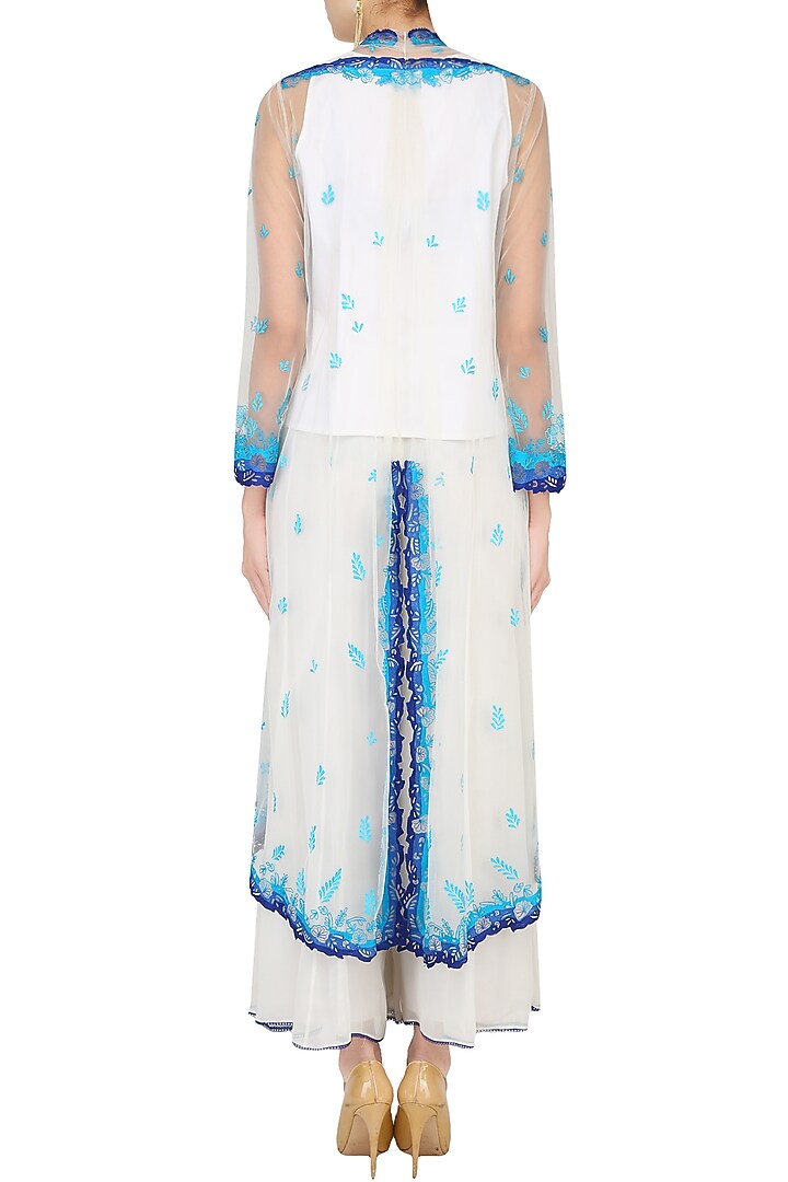 Ivory floral embroidered kurta with cape jacket and palazzo pants available only at Pernia's Pop Up Shop.
