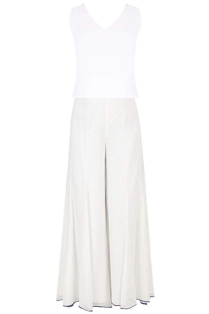 Ivory floral embroidered kurta with cape jacket and palazzo pants available only at Pernia's Pop Up Shop.