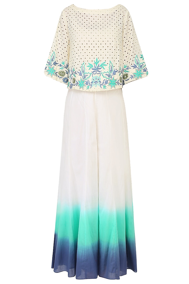 Ivory Floral Embroidered Top With Ombre Shaded Palazzo Pants by Mandira Wirk