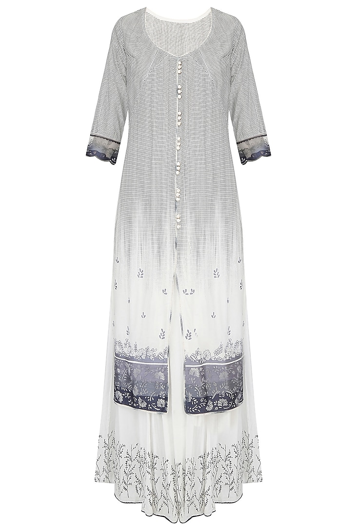 Ivory And Grey Arbi Embroidered Kurta With Floral Embroidered Skirt by Mandira Wirk