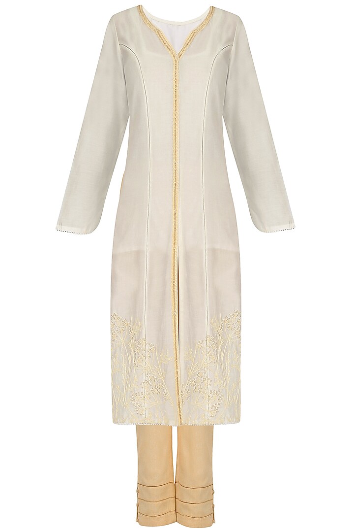 Ivory And Beige Floral Embroidered Kurta With Pants by Mandira Wirk