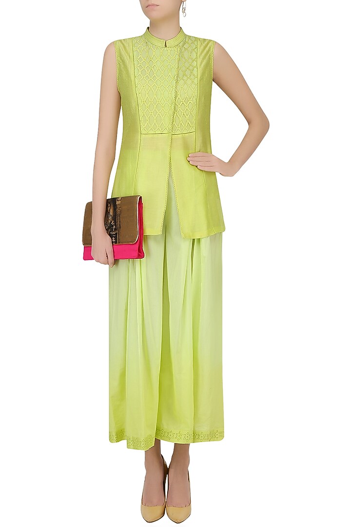 Green thread embroidered overlap kurta with palazzo available only at Pernia's Pop Up Shop.