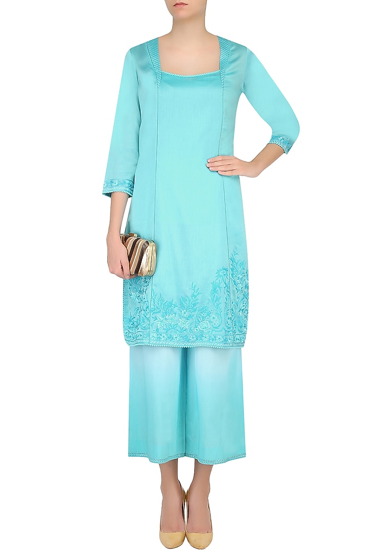 Blue thread embroidered kurta with palazzo pants available only at Pernia's Pop Up Shop.
