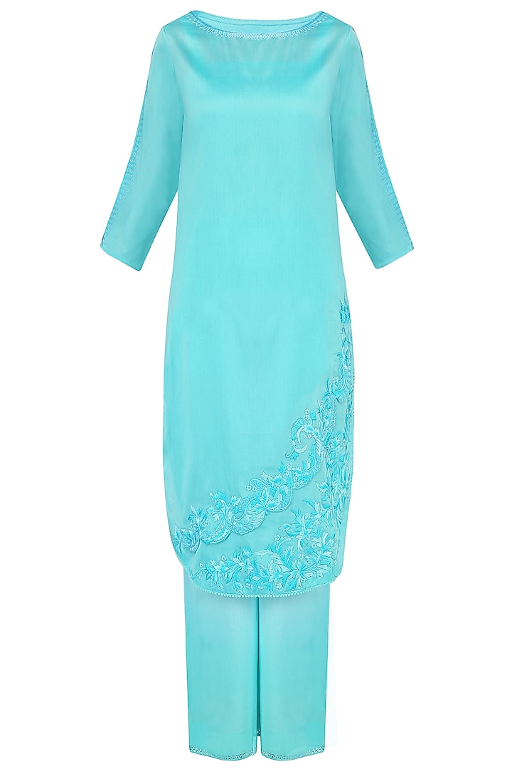 Blue Floral Embroidered Kurta With Palazzo Pants Set by Mandira Wirk