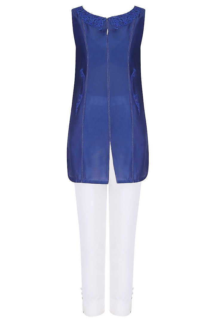 Dark blue floral embroidered tunic with white pants available only at Pernia's Pop Up Shop.