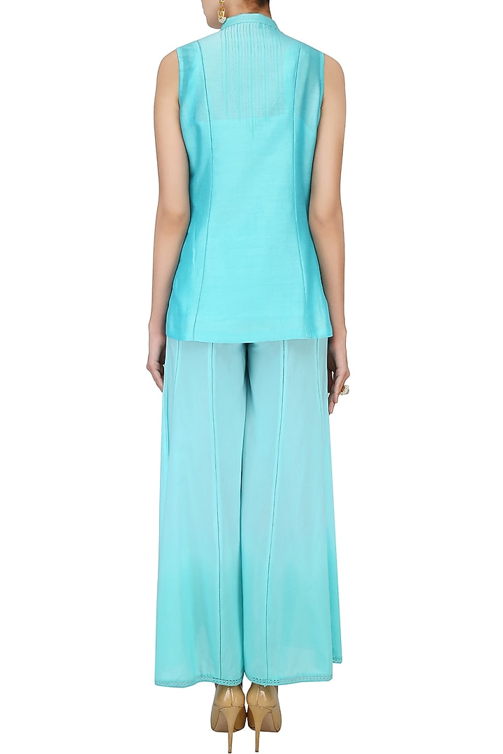 Blue thread embroidered overlap kurta with palazzo available only at Pernia's Pop Up Shop.
