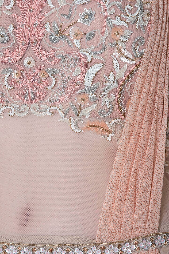 Peach embroidered drape saree available only at Pernia's Pop Up Shop.