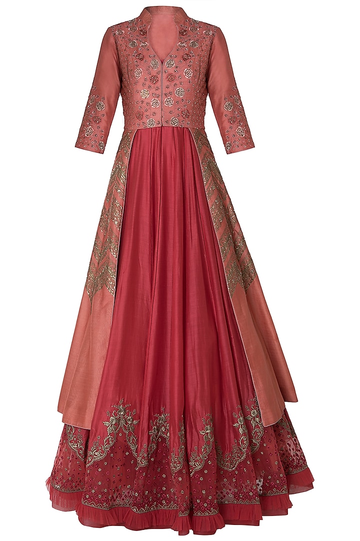 Rust Embroidred Jacket and Anarkali by Mandira Wirk