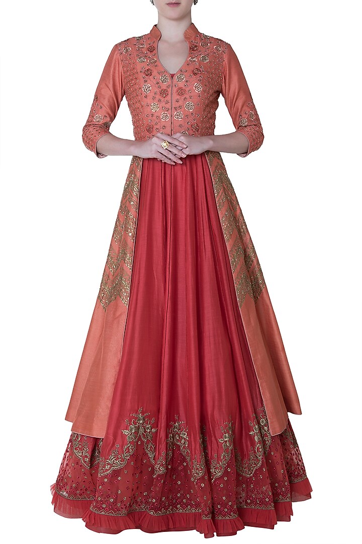 Rust embroidered jacket and anarkali available only at Pernia's Pop Up Shop.