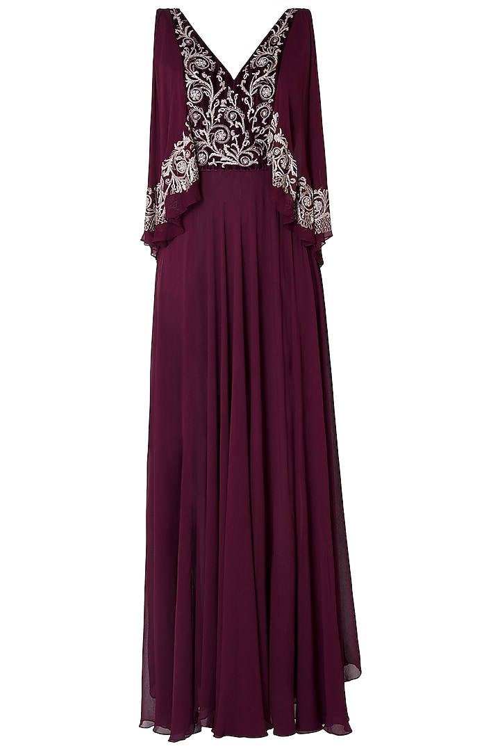 Plum Embroidered Drape Gown Dress by Mandira Wirk