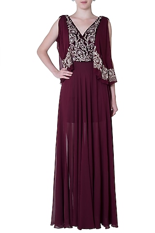 Plum Embroidered Drape Gown Dress by Mandira Wirk - Indian
