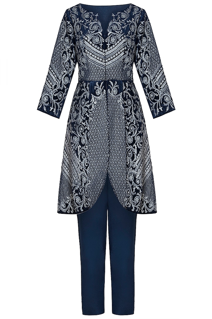 Navy Blue Embroidered Jacket with Pants by Mandira Wirk
