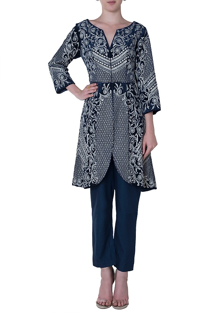 Navy blue embroidered jacket with pants available only at Pernia's Pop Up Shop.