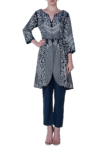 Navy Blue Embroidered Jacket with Pants by Mandira Wirk - Indian