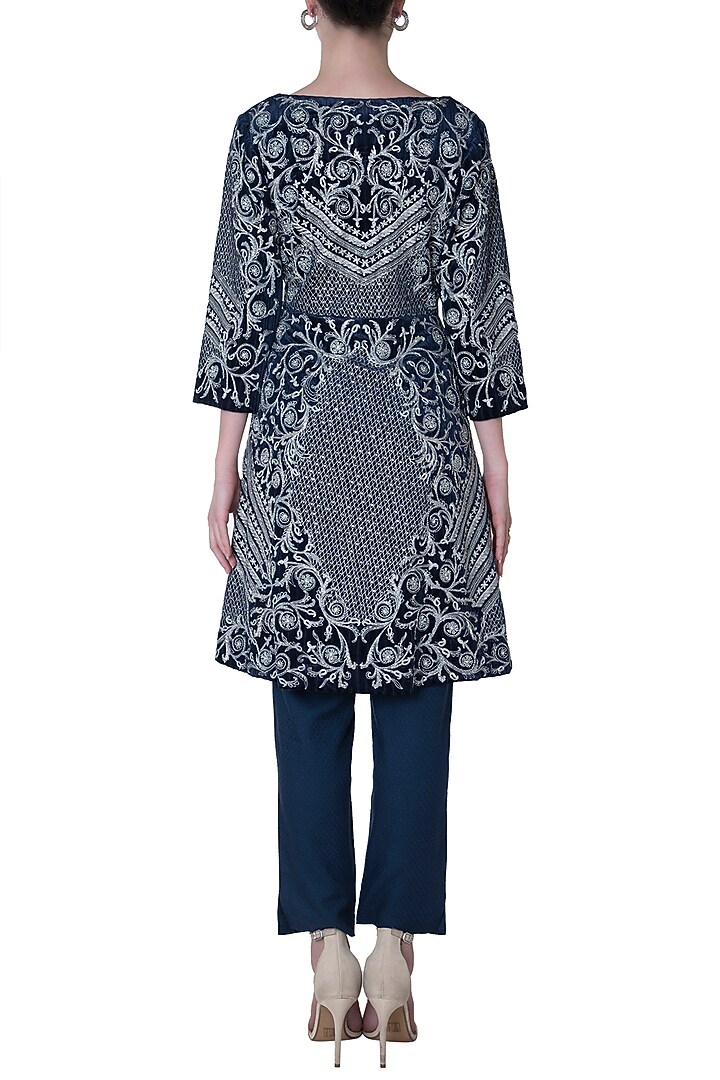 Navy blue embroidered jacket with pants available only at Pernia's Pop Up Shop.