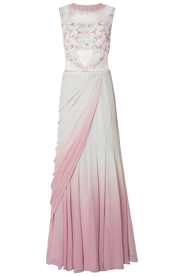 White and Pink Ombre Embroidered Drape Saree by Mandira Wirk